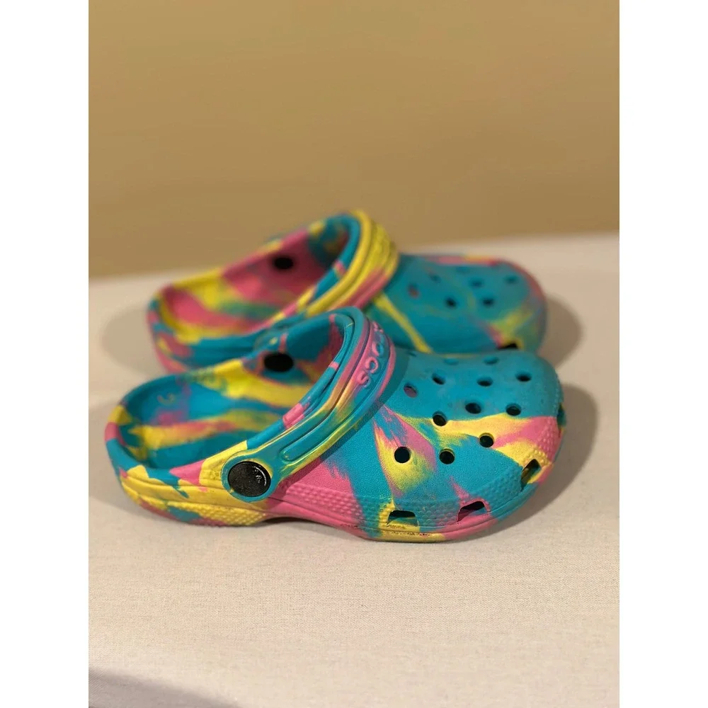 Crocs Classic Marbled Tie Dye Clogs Toddler Size 10 Teal Pink Yellow Kids Shoes